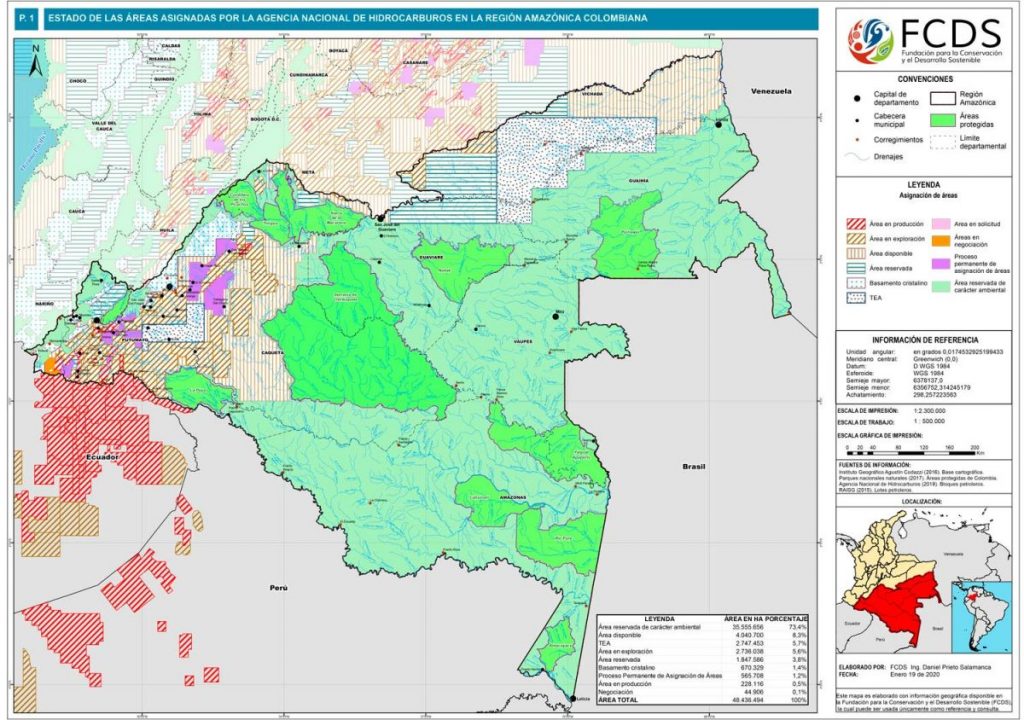 Estado de las áreas asignadas por la Agencia Nacional de Hidrocarburos en la región amazónica colombiana